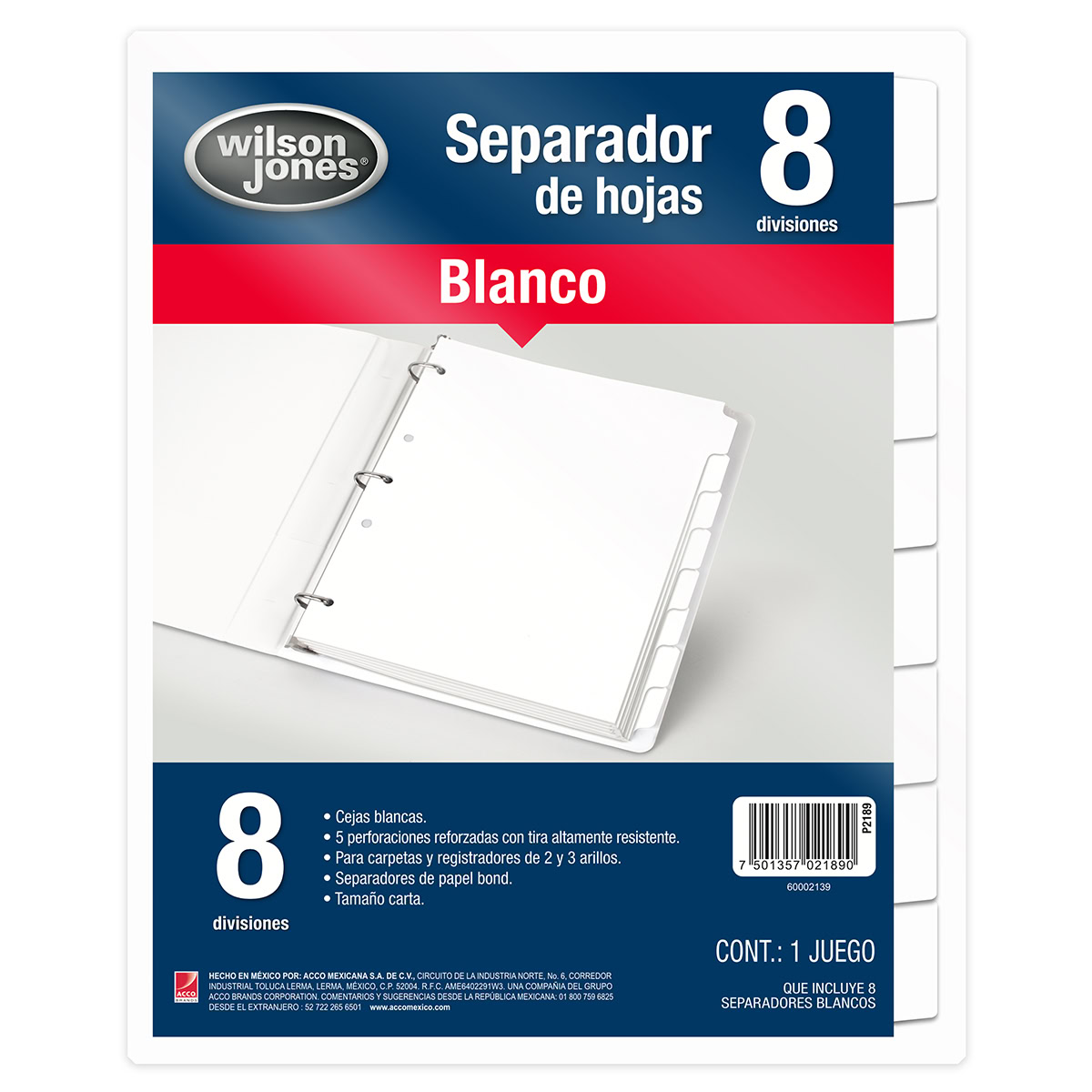 Separador para carpeta con 8 divisiones blanco