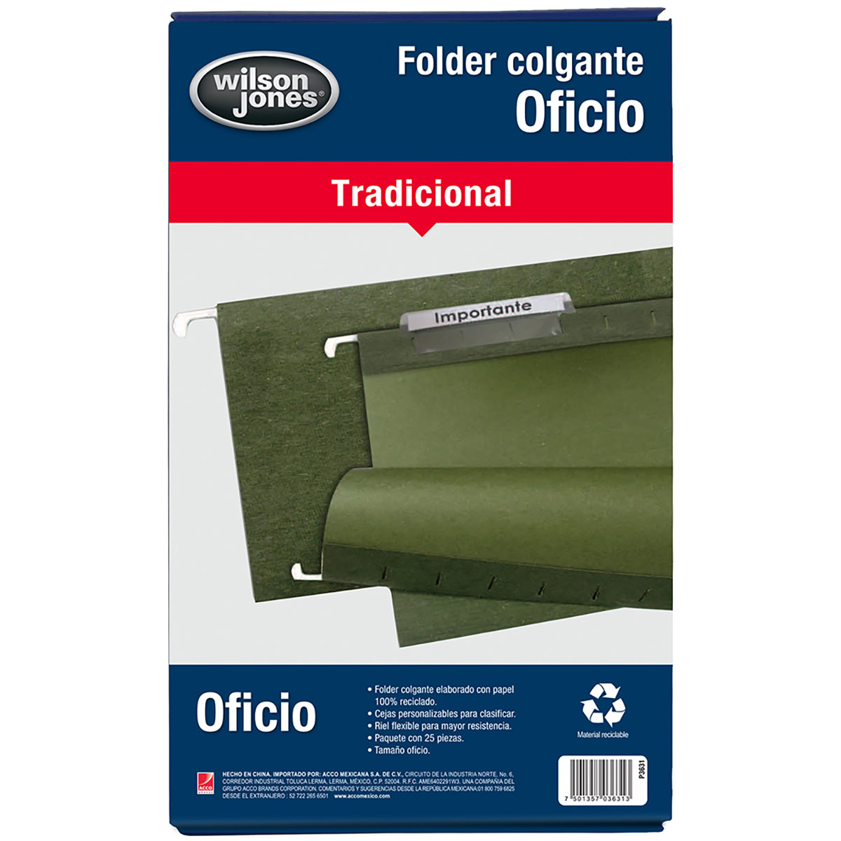 Folder Colgante Oficio, color verde 25pz