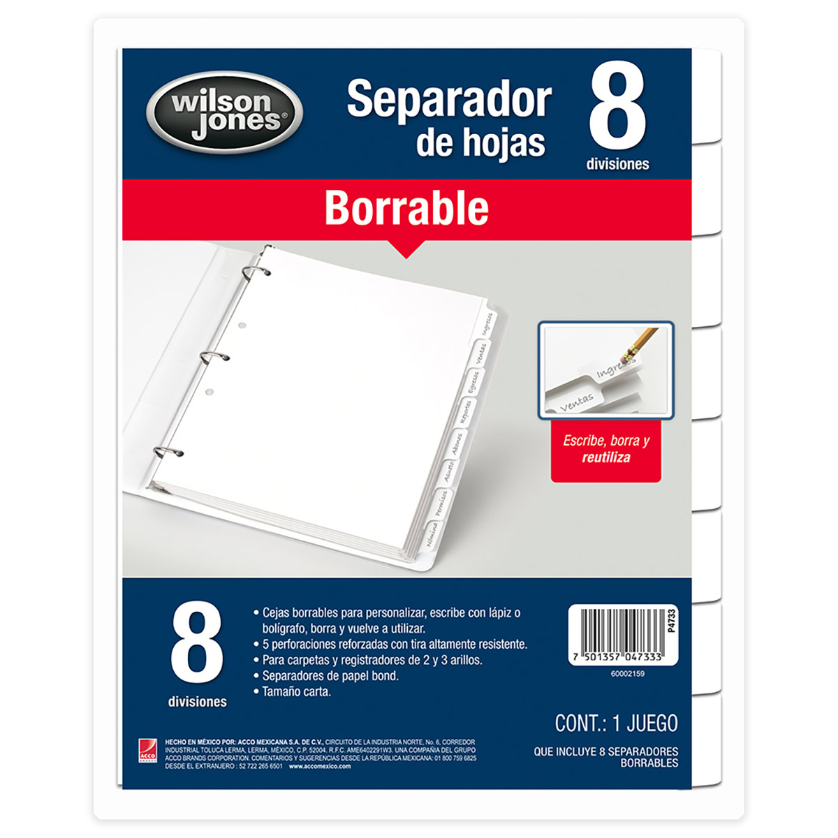 Separador Borrable Blanco con 8 divisiones