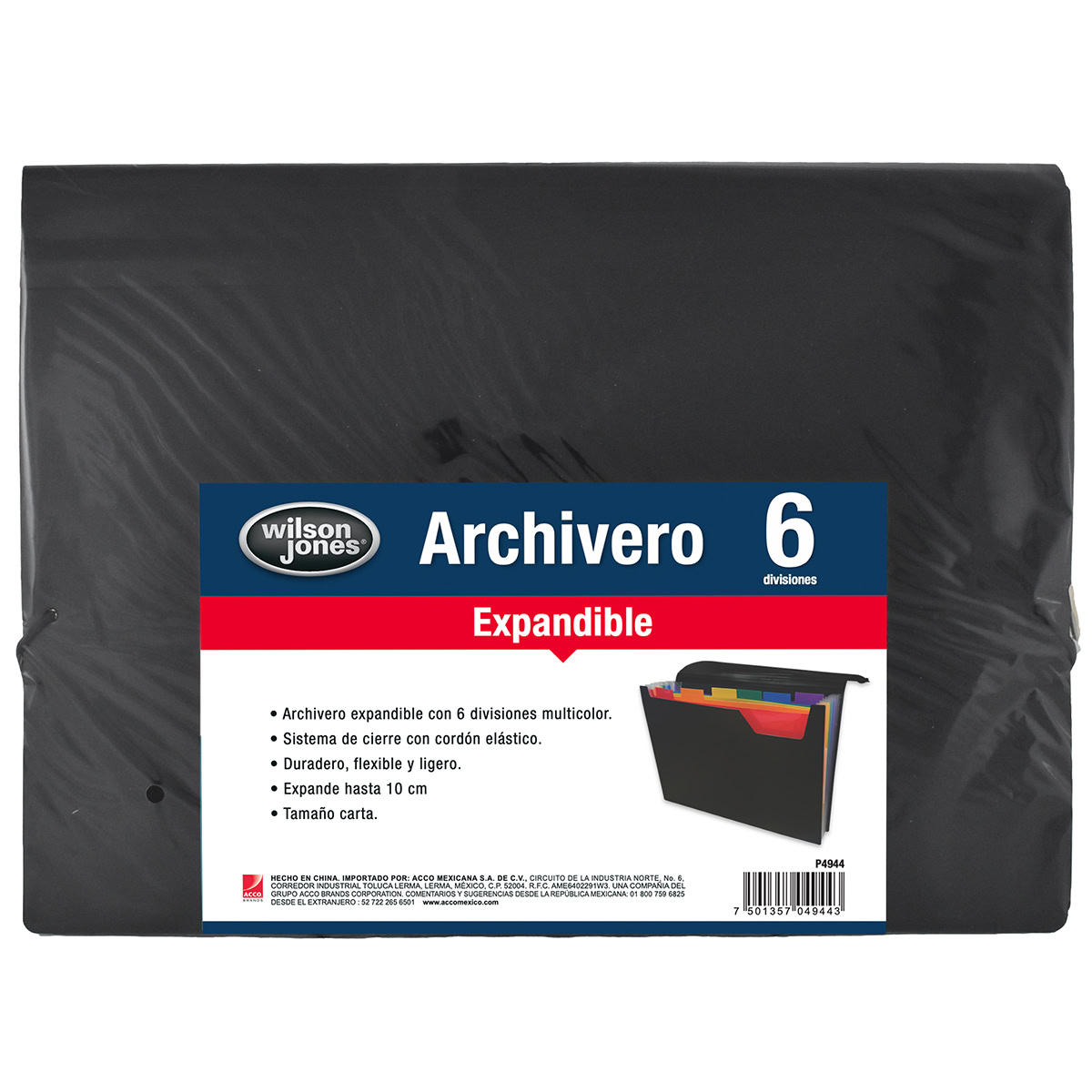Archivero expandible negro con 6 divisiones de colores