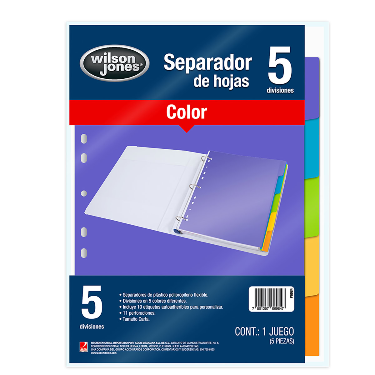 Separador plástico 5 divisiones de colores