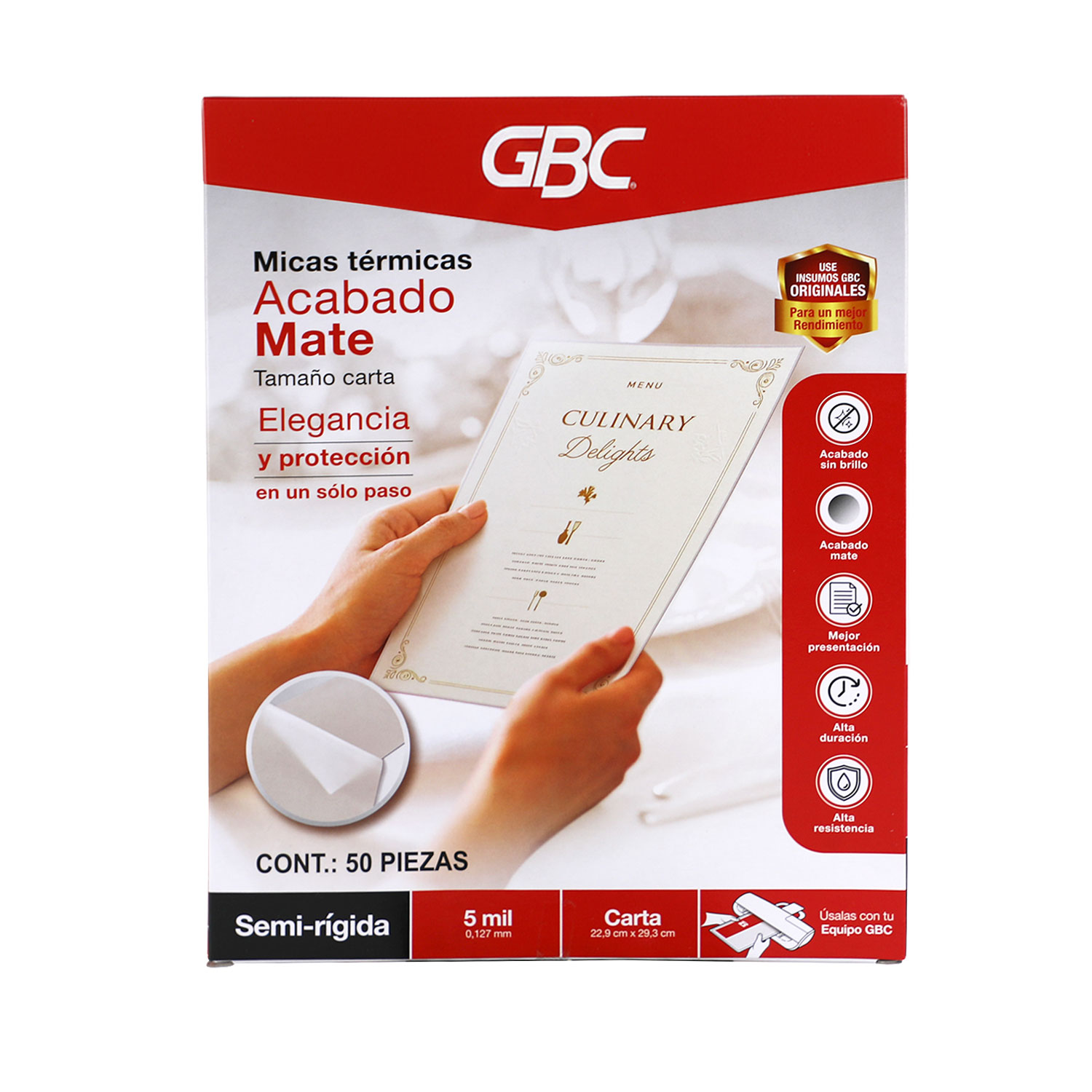 GBC Mica térmica MATE tamaño carta semi-rígida 5mil,  50 piezas