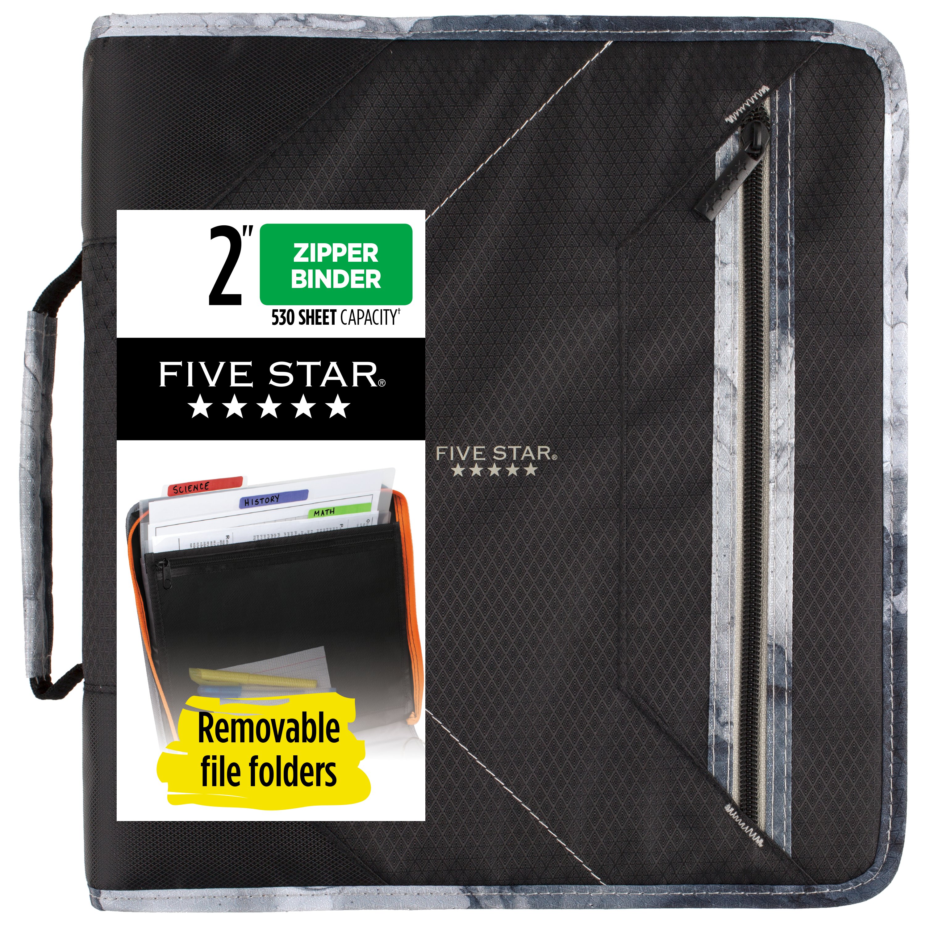 Five Star Carpeta de Tela con Cierre de 2" de 3 Argollas, Carpeta Extraíble y Organizador, Capacidad 380 hojas. Negro-Gris. 290360A-ECM